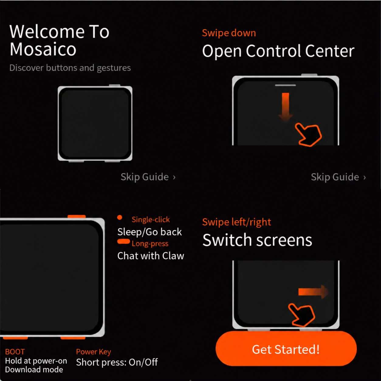 ESP-Mosaico first-startup guide: BOOT at bottom left, Power at bottom right, and screen gestures