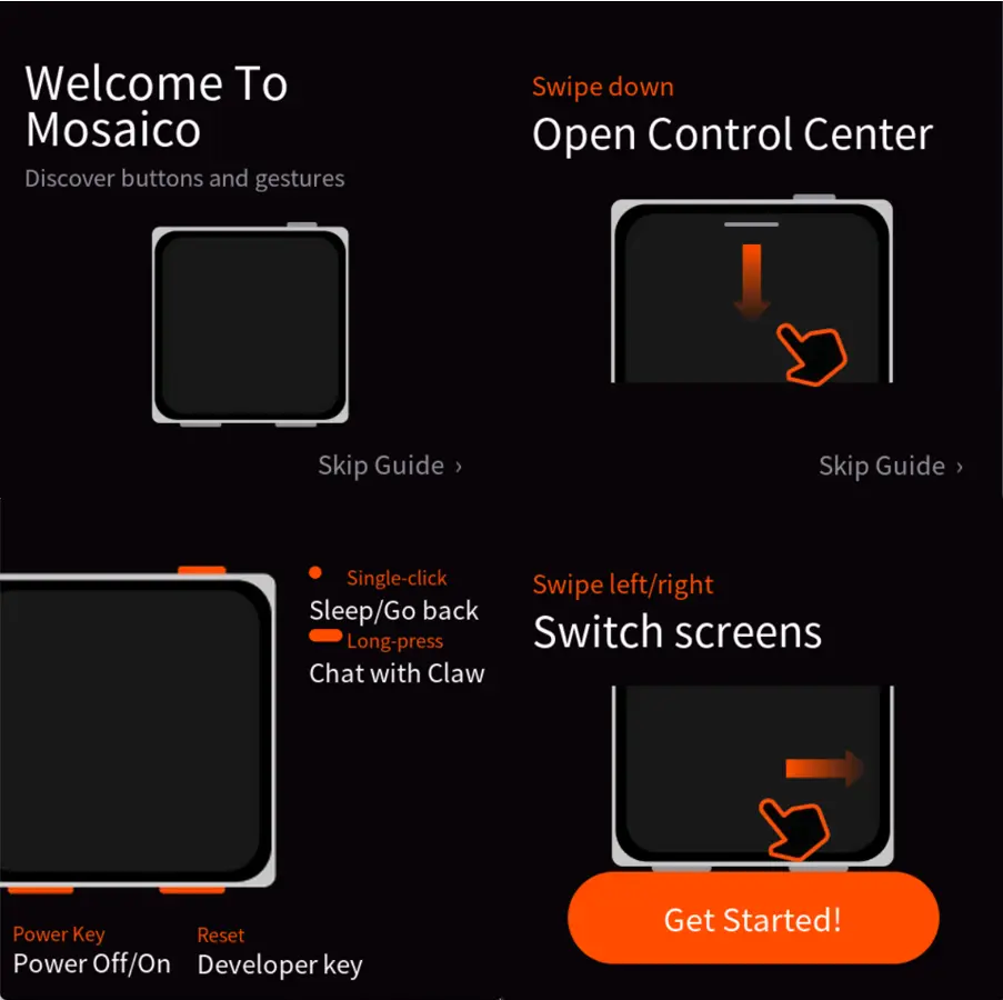 ESP-Mosaico screen showing the first-startup Guide flow